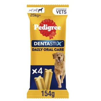 Pedigree Dentastix daily oral care dog treats for 25kg+ dogs, 154g pack with 4 treats, recommended by vets.