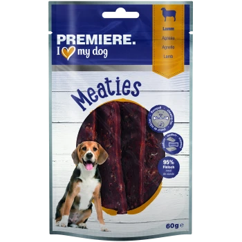 Premiere Ich liebe meine Hund Meaties Hundeleckerlis, mit einer Nahaufnahme von Fleischstreifen, 95% Fleischgehalt, 60g Packung.