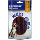 Premiere Ich liebe meine Hund Meaties Hundeleckerlis, mit einer Nahaufnahme von Fleischstreifen, 95% Fleischgehalt, 60g Packung.