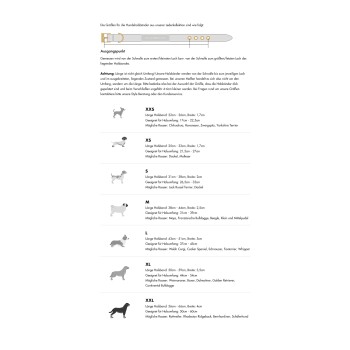 Größentabelle für Hundehalsbänder von einem Online-Haustiergeschäft, die Längen, Breiten und geeignete Rassen für die Größen XXS bis XXL detailliert.