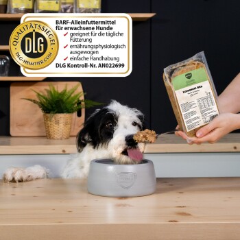 Schwarz-weißer Hund frisst aus einer Schüssel, während eine Hand füttert; verpacktes 'Komplett‑Mix' BARF‑Hundefutter, Etikett zeigt DLG‑Siegel