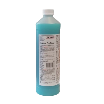 Flasche mit Thomas ProFloor-Reinigungsmittel, 1000 ml, mit einer türkisfarbenen Flüssigkeit und detaillierten Anweisungen auf dem Etikett.
