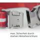 Nahaufnahme eines roten Haustierhalsbandes mit einer starken Metall-Schnalle, mit dem Text "max. Sicherheit durch starken Metallverschluss" darunter.