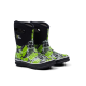Bunte Gummistiefel für Kinder mit einem schwarz-grünen abstrakten Design, mit dem Logo 'Two Tracks' sichtbar an der Seite.