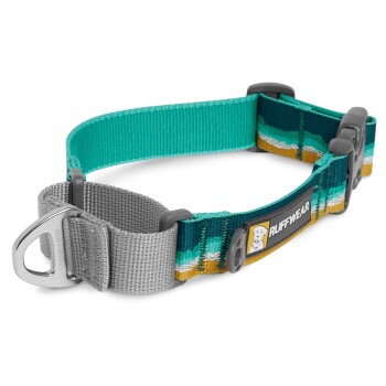 Ein farbenfrohes Hundehalsband von Ruffwear, mit einem türkisfarbenen und grauen Design, einem metallischen D-Ring und einer verstellbaren Schnalle.