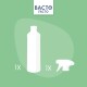Weiße Sprühflasche und Sprühkopf auf grünem Hintergrund, mit "1X" für jeden Artikel beschriftet, mit dem Logo "BACTO FACTO" oben.