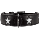 Schwarzes Leder-Haustierhalsband mit silbernen Sternverzierungen und einer Metallschnalle.