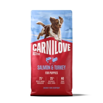 Sac CARNILOVE Active pour chiots rouge avec chien bondissant, étiqueté « Saumon & Dinde pour chiots ».