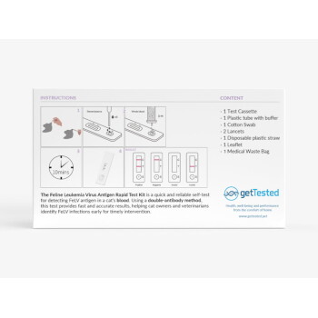 Vorderseite der Verpackung des getTested-Felinen-Leukämievirus-Antigen-Schnelltestkits mit Anweisungen, Inhaltsangabe und Logo