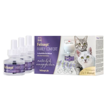 Felisepet Family Comfort navullingspakket met drie flessen voor een diffuser, met twee katten op de doos en tekst in het Duits.