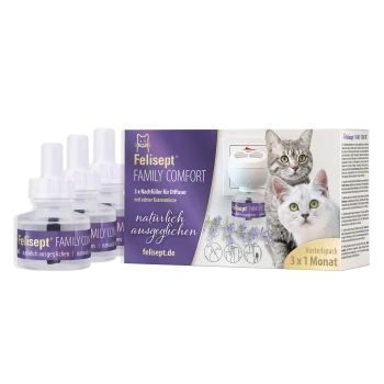 Felisepet Family Comfort Nachfüllpack mit drei Flaschen für einen Diffusor, mit zwei Katzen auf der Verpackung und Text in Deutsch.