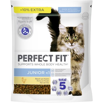 Karma Perfect Fit Junior dla kociąt poniżej 1 roku, bogata w kurczaka, wspiera zdrowie całego ciała, +10% ekstra.
