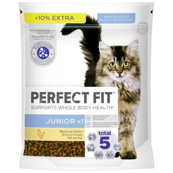 Nourriture Perfect Fit Junior pour chatons de moins d'un an, riche en poulet, soutient la santé globale, +10 % en plus.