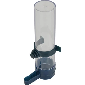 Abreuvoir pour oiseaux 130 ml Distributeur de nourriture pour animaux de compagnie en plastique transparent avec une base bleue et un clamp ajustable, doté d'un bec pour un versement facile.