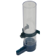 Transparenter Kunststoff-Tiernahrungsdispenser mit blauer Basis und verstellbarem Klemmen, mit einem Ausguss für einfaches Ausgießen.