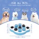 Haustier-Puzzle-Futterspender mit einer blau-weißen, pfotenförmigen Basis und interaktiven Fächern. Text: "FÜR ALLE HAUSTIERE," geeignet für Hunde und Katzen.