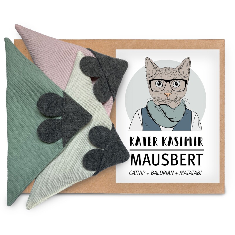 Kater Kasimir 3 x Mausbert - Die 2-in-1 Spielmaus für Katzen, handgemacht aus BIO-Baumwolle mit Katzenminze-, Baldrian- und Matatabi-Füllung