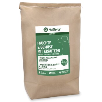 Braune Papiertüte mit AniForte-Hundefutter und grünem Etikett 'Früchte & Gemüse mit Kräutern'.