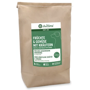 Braune Papiertüte mit AniForte-Hundefutter und grünem Etikett 'Früchte & Gemüse mit Kräutern'.