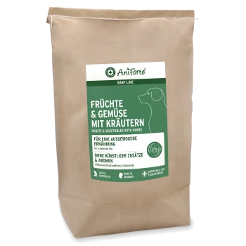 Braune Papiertüte mit AniForte-Hundefutter und grünem Etikett 'Früchte & Gemüse mit Kräutern'.