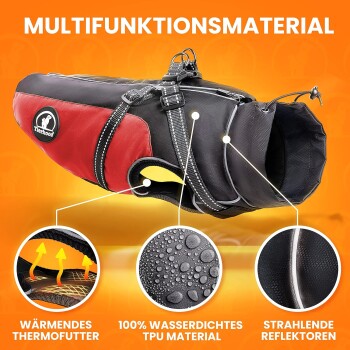 Ein schwarzer und roter Hundemantel mit der Aufschrift "MULTIFUNKTIONSMATERIAL," mit thermischer Fütterung, wasserdichtem TPU und reflektierenden Details.