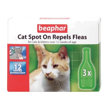 beaphar Cat Spot On Repels Fleas box with cat photo; reads "for cats & kittens over 12 weeks", "Up to 12 weeks protection" and "3x"