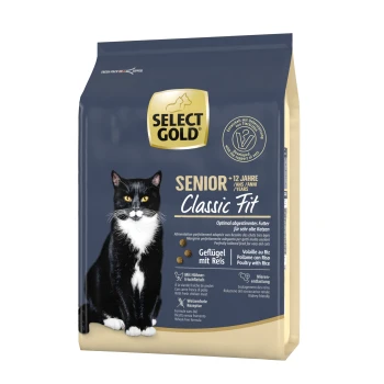 +12 Senior Geflügel und Reis 2.5 kg Hundefutterbeutel mit dem Etikett "SELECT GOLD SENIOR Classic Fit" für Katzen über 12, mit einer schwarz-weißen Katze und deutschem Text zur Ernährung.
