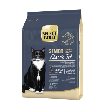 Hundefutterbeutel mit dem Etikett "SELECT GOLD SENIOR Classic Fit" für Katzen über 12, mit einer schwarz-weißen Katze und deutschem Text zur Ernährung.