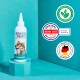 Flasche des "Green Hero Ohrenwunder" Ohrpflegeprodukts für Haustiere, mit einem Corgi und einer Katze auf dem Etikett, mit Zertifizierungsstempeln.
