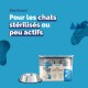 Emballage de nourriture pour chats stérilisés présentant le visage d'un chat, étiqueté "Pour les chats stérilisés ou peu actifs," avec un bol argenté à côté.