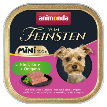 Eine Dose Haustierfutter mit einem kleinen Hund auf der Vorderseite, beschriftet mit "animonda vom Feinsten mini 100g" und Zutaten: Rind, Ente und Oregano.