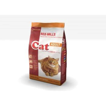 A bag of Connolly's Red Mills Cat Adult food with a fluffy orange cat and "Chicken & Fish" flavor on the front.