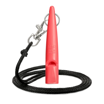 Rote ACME-Pfeife mit schwarzem Halsband und Metallclip, geprägt mit dem Text „ACME Made in England“.