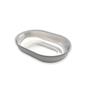 Edelstahl-Haustierfutterschüssel mit ovaler Form, mit einem glatten, glänzenden Inneren und einem leicht erhöhten Rand.