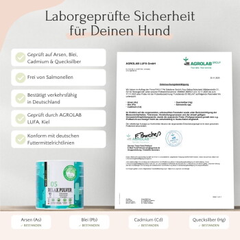 Behälter mit "05 RELAX PULVER" Tiernahrungsergänzung, die Vorteile wie Angstunterstützung, Beruhigung von Zittern und Förderung von Frieden hervorhebt.