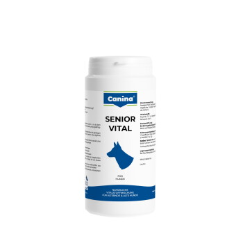 Weiße Canina-'SENIOR VITAL'-Supplementflasche mit blauem Hundesymbol und der Aufschrift 'Für Hunde'.