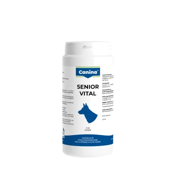 Weiße Canina-'SENIOR VITAL'-Supplementflasche mit blauem Hundesymbol und der Aufschrift 'Für Hunde'.