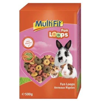 MultiFit Fun Loops Schachtel mit Kaninchen, Hamster und Meerschweinchen, Herzfenster mit bunten Ringen, extra Vitamin C, 500 g.