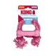 Jouet pour chiot KONG Goodie Bone rose avec pompons en corde tressée ; l'emballage indique «Caoutchouc naturel pour la dentition» et «Les chiens ont besoin de jouer»