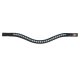 Schwarzes Lederhalsband für Hunde, verziert mit hellblauen Strasssteinen, mit einem geschwungenen Design und einem kleinen Logoanhänger.