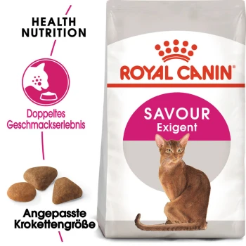 Royal Canin Savour Exigent Katzenfutterbeutel mit einer braunen Katze und dem Text: "Gesunde Ernährung," "Doppelt Geschmacksvergnügen," "Angepasste Krokettengröße."