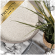 Premium Katzenstreu in einer beigen Schüssel auf einer Marmoroberfläche, mit einer kleinen grauen Streuschaufel und einer Topfpflanze in der Nähe.