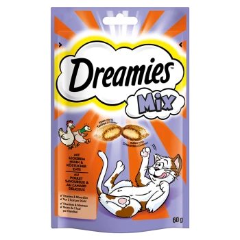 Dreamies Mix cat treats package featuring a playful cat, with images of chicken and duck, and text highlighting creamy and crunchy textures.