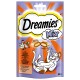 Emballage de friandises pour chats Dreamies Mix présentant un chat joueur, avec des images de poulet et de canard, et un texte mettant en avant des textures crémeuses et croustillantes.