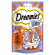 Dreamies Mix Katzenleckerlipackung mit einer verspielten Katze, mit Bildern von Huhn und Ente, und Text, der cremige und knusprige Texturen hervorhebt.