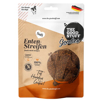 Tüte 'The Good Stuff Goodies' Enten-Streifen (Entenfleisch-Streifen) weiche Hundeleckerlis mit Sichtfenster, 100% natürlich.