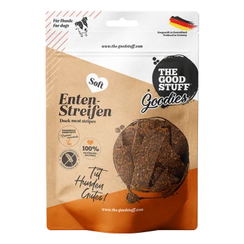 Tüte 'The Good Stuff Goodies' Enten-Streifen (Entenfleisch-Streifen) weiche Hundeleckerlis mit Sichtfenster, 100% natürlich.