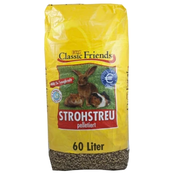 Gelber Sack BTG Classic Friends STROHSTREU pelletiert 60 Liter Strohbettung mit Abbildungen von Kaninchen und Meerschweinchen.
