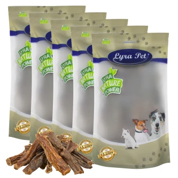 Fünf Tüten von Lyra Pet Nature Power Hundeleckerlis werden angezeigt, mit einem Haufen Leckerlis davor.