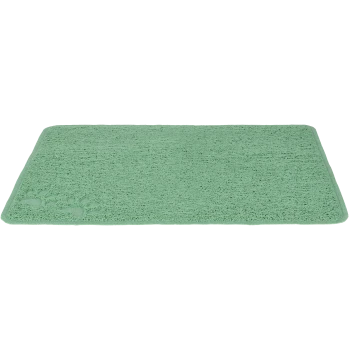 Grüne Tiermatte mit einer strukturierten Oberfläche und einem Pfotenabdruckdesign in der Ecke, ideal für den Komfort und die Sauberkeit von Haustieren.